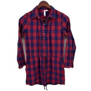 Alya Women's Red Blue Plaid Tunic Dress Cinched Tie Waist Size S